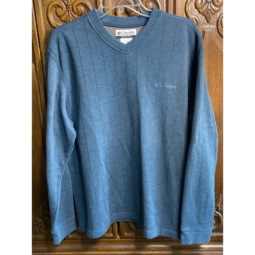Columbia Mens V-Neck Pullover Sweater Blue Ribbed Long Sleeve AM6995 Large
